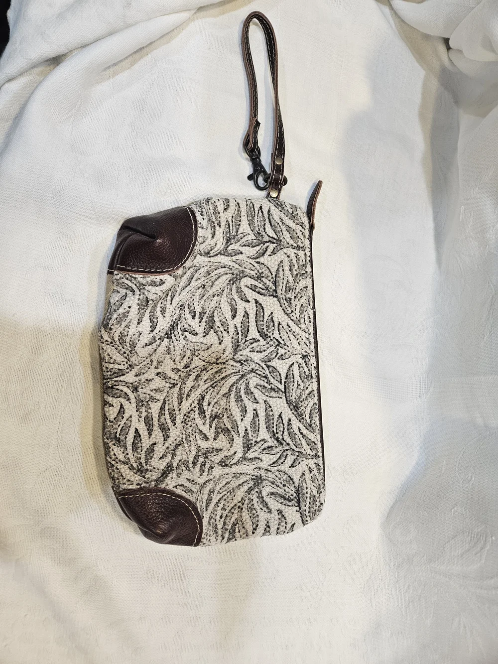 Myra Bag Brown & Cream Leaf-Pattern Wristlet Clutch